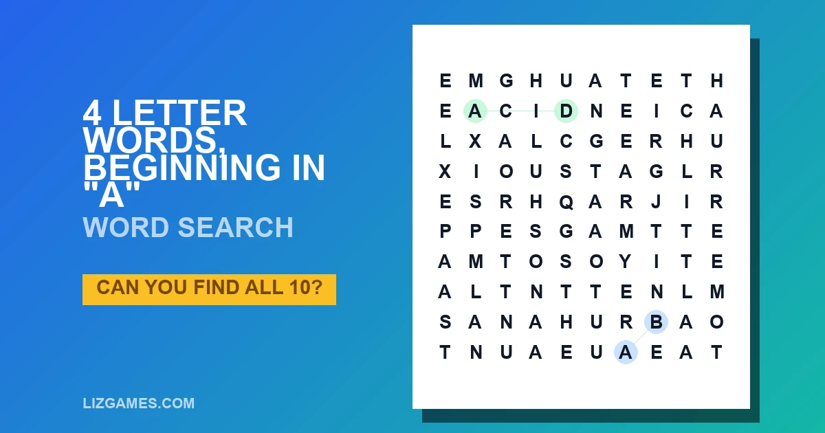 4 Letter Words, beginning in "A" Word Search