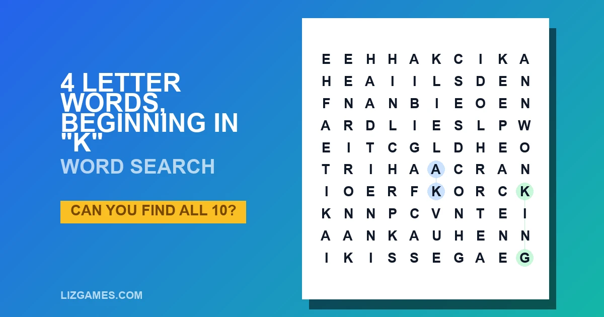 4 Letter Words, beginning in "K" Word Search