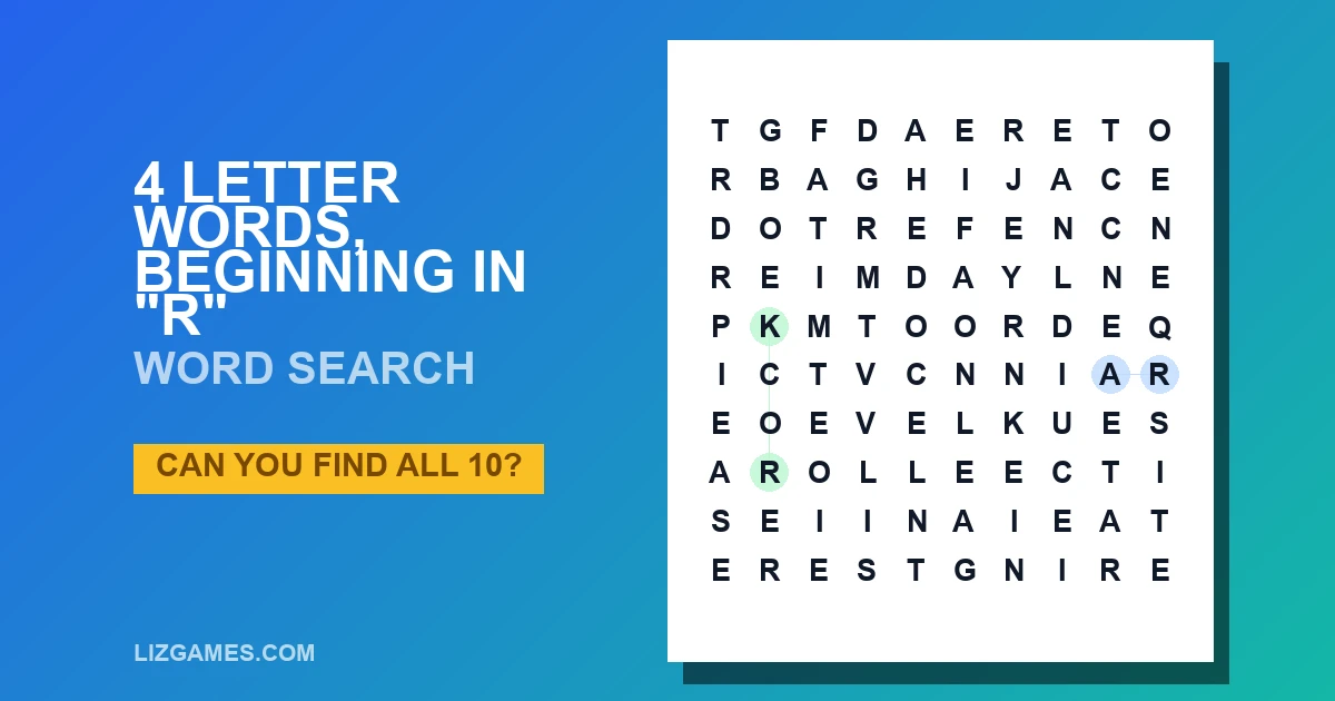 4 Letter Words, beginning in "R" Word Search