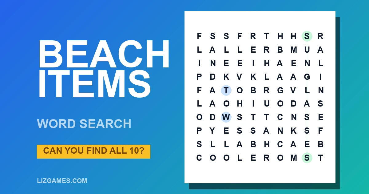 Beach Items Word Search