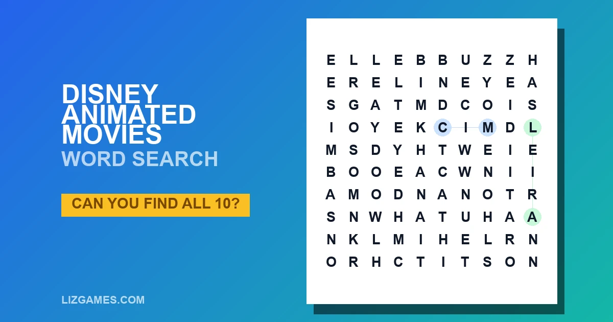 Disney Animated Movies Word Search
