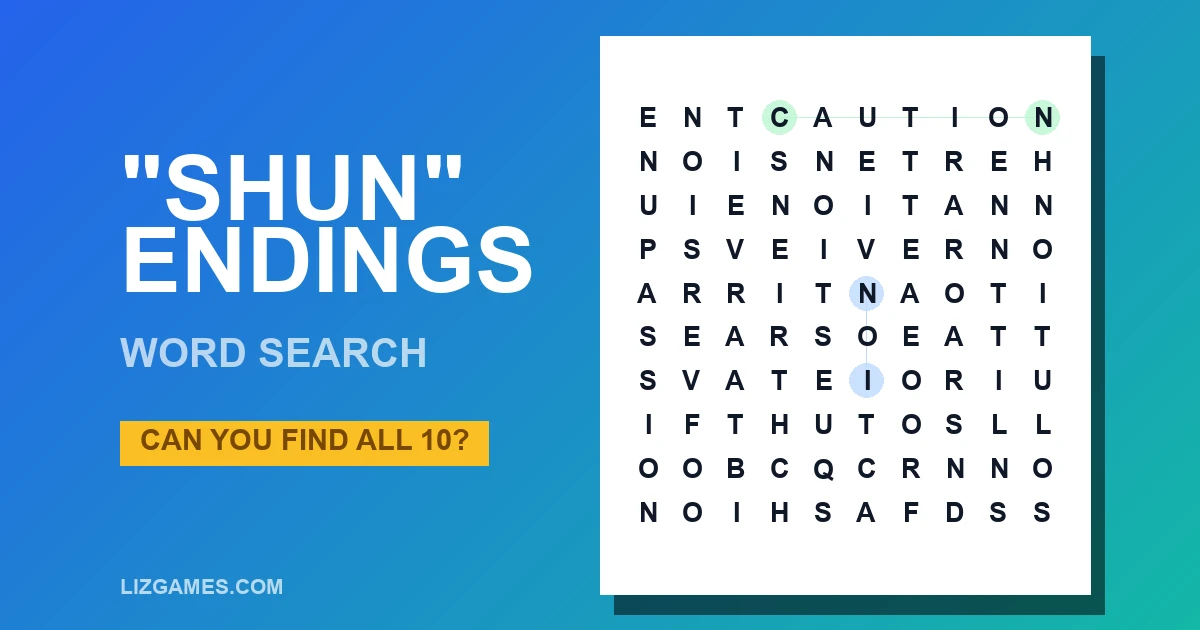 "shun" endings Word Search